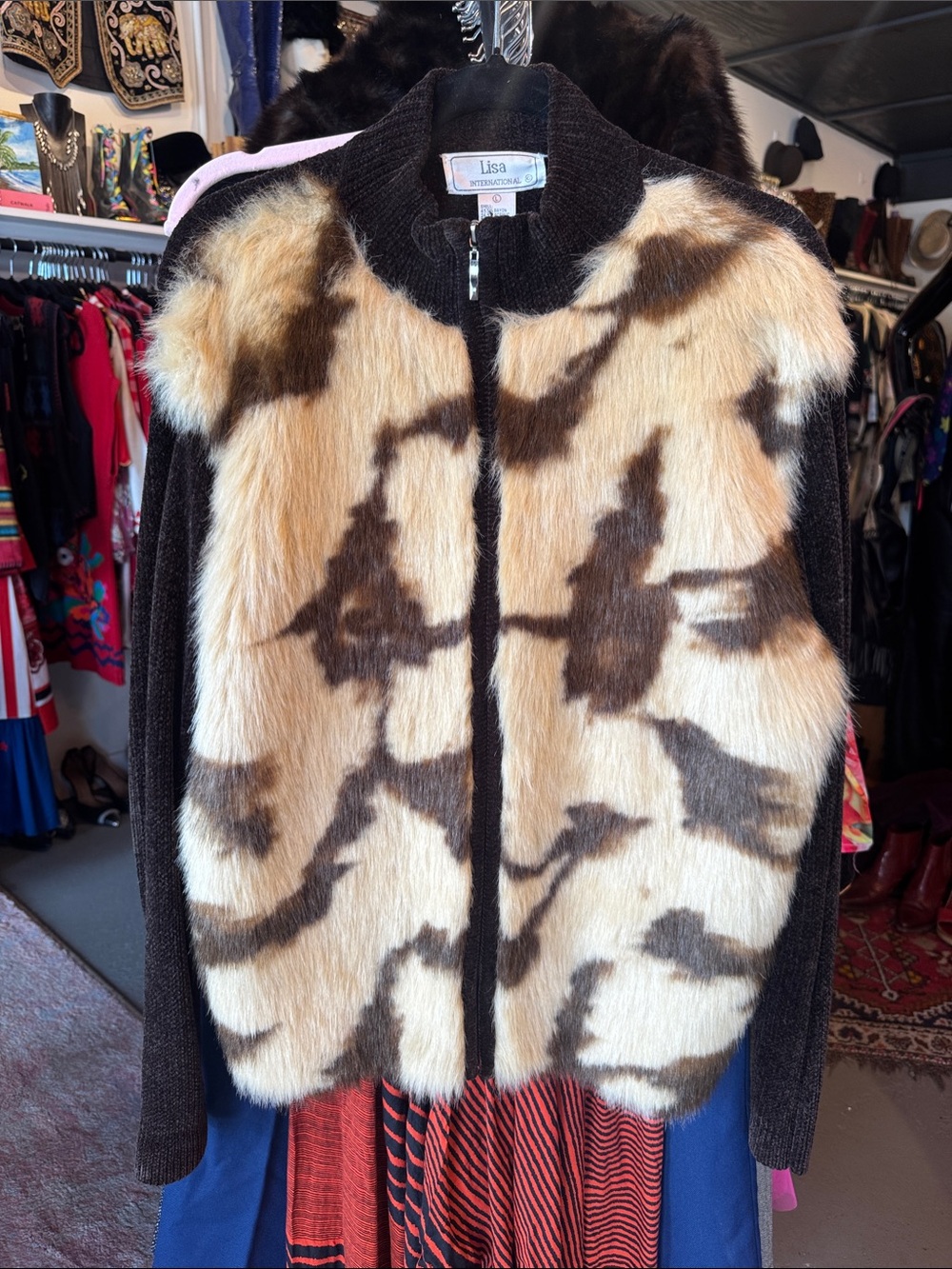 Lisa International Beige and Brown Faux Fur Panel Zip Jacket